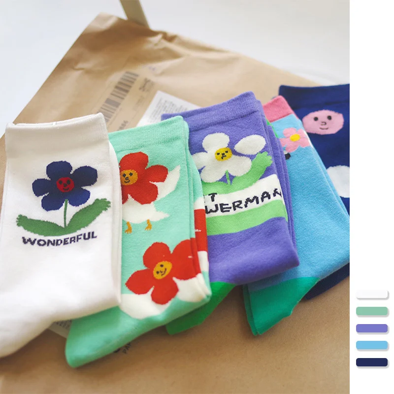 Summer and autumn Lilliputian series color illustration English women socks cartoon cute cute girl cotton medium socks
