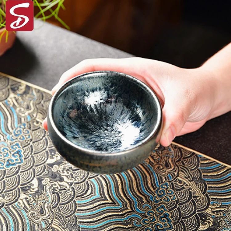 Chinese Handmade Jian Ware Teacup, Temmoku Black Glaze with Protean Veins, Collectible Cups for Tea and Coffee