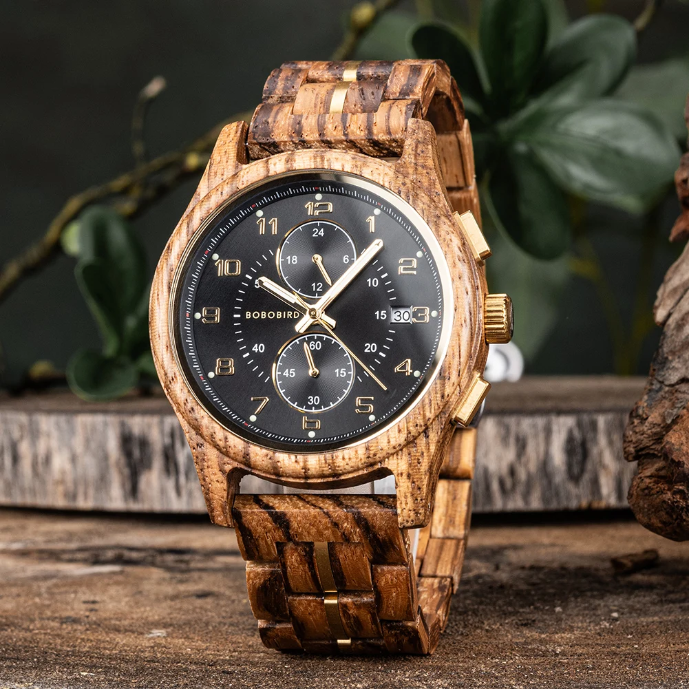 Eco-Fashion Classic Wholesale oem chronograph watch Sun pattern literal luminous all-wood watch case wooden watch