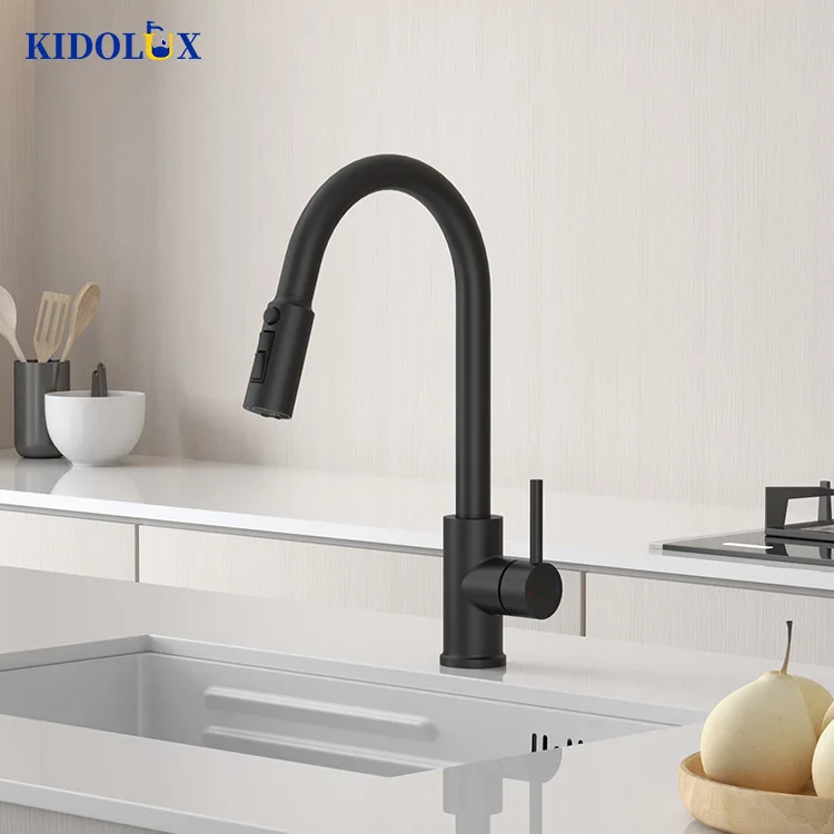 Classific Rotatable European Deck Mounted Copper Modern Black Pull-down Kitchen Faucet With Digital Display Purification Water