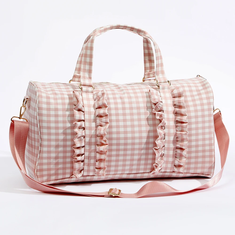 RTS Stock Beige INS Fashion Polyester Ruffle Personalized Glitter Patches Women Girls Leisure Classic Custom Travel Duffel Bag