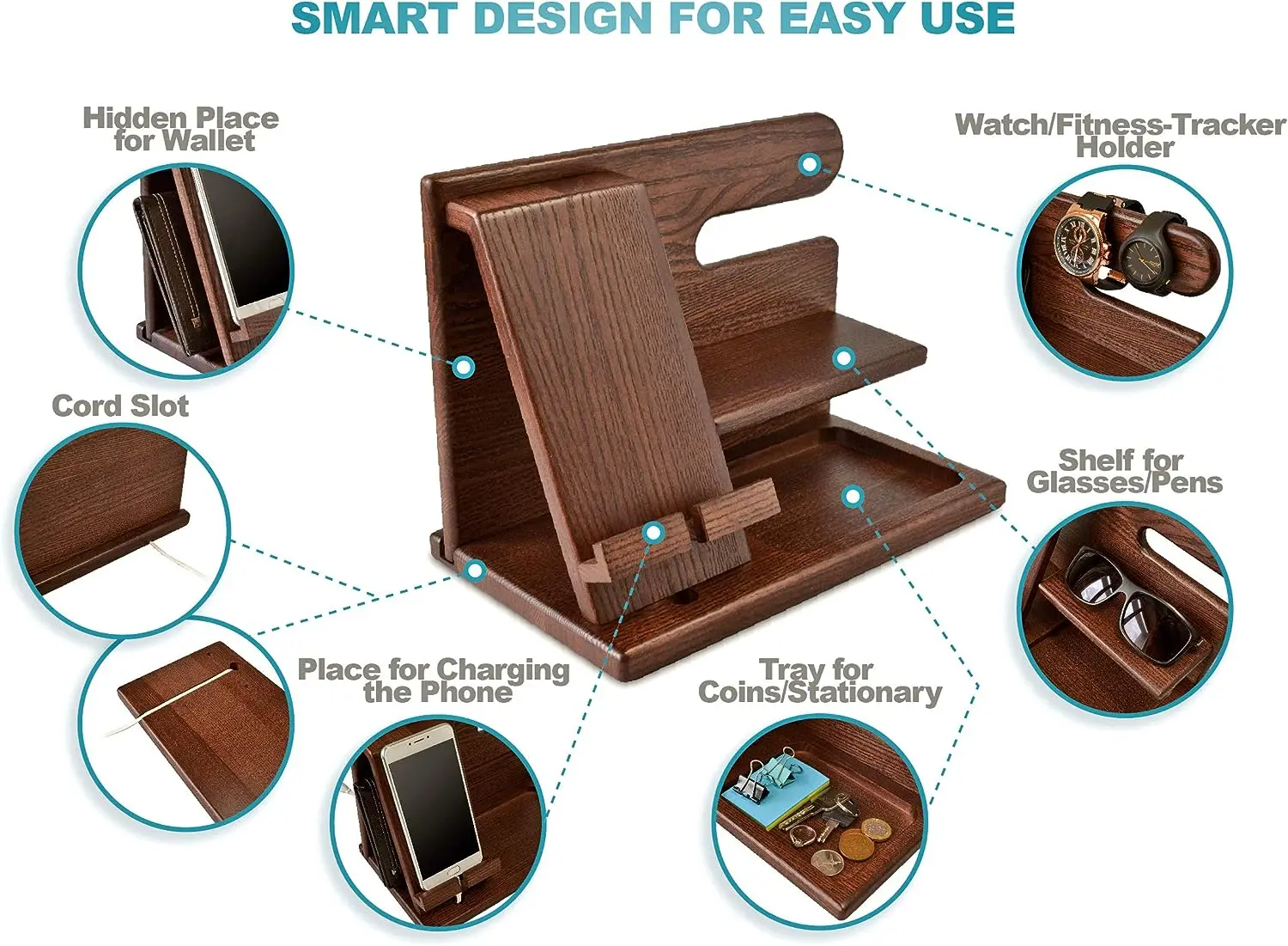 Desktop wooden key holder wallet stand watch organizer, mobile phone bamboo charging dock stand station