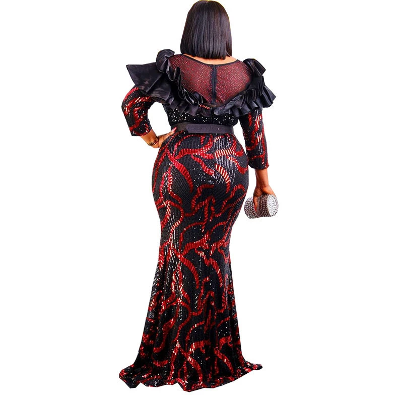 2023 African Fishtail Skirt Dress Sequins Embroidery Party Long Sleeve Dress Costumes Elegant  Maxi Evening Dress