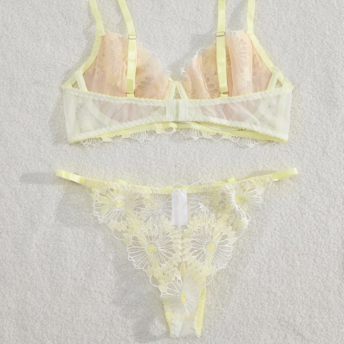 YILIMI High Quality Light Yellow Sexy Lingerie Two Piece Set Floral Embroidery Underwear For Women Sweet Cute Sexy Lingerie Set