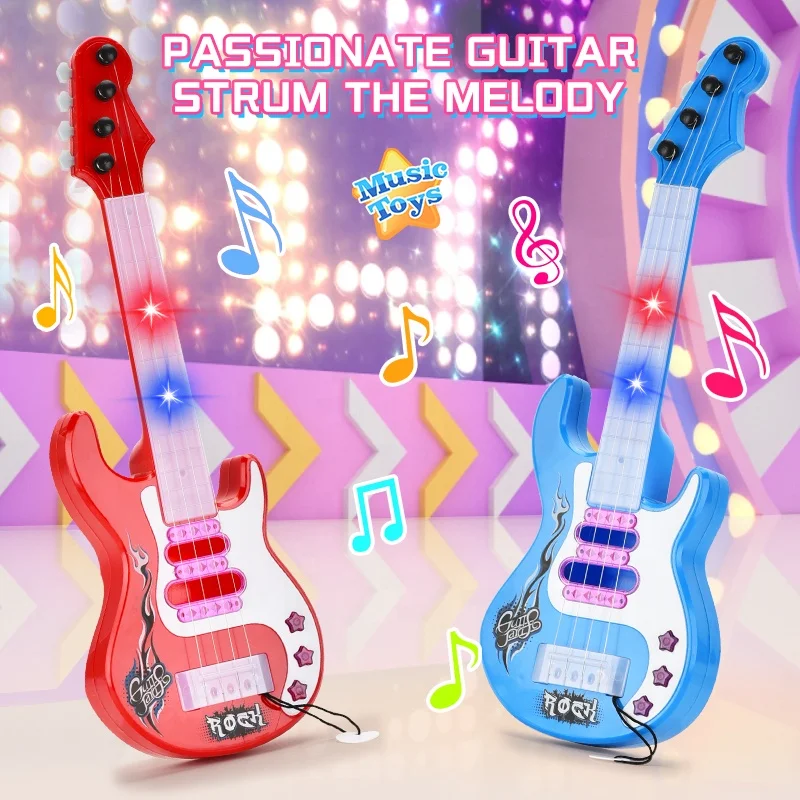 2024 Kids new musical Electronic guitar toys simulate light music four string guitar Cartoon Music Learning instrument toys
