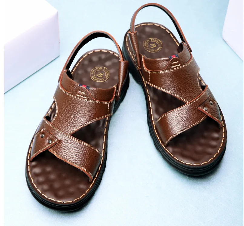 Wholesale good quality cheap price quick drying comfortable  pure leather men formal outdoor sandals slippers