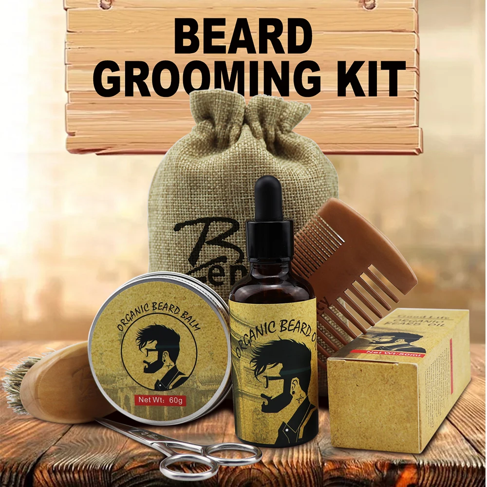 beard grooming kit 100% natural essential soft private label beard oil and scented balm wax for mens beard care kit