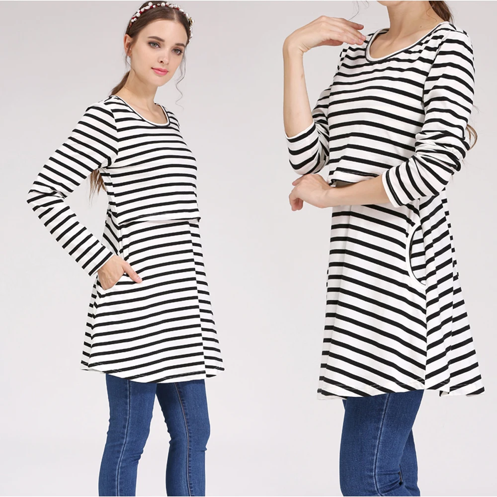 Autumn/Fall Long Maternity Blouse Long Sleeve Women Pregnancy Clothes Stretch Cotton Lactation T shirt Color Block