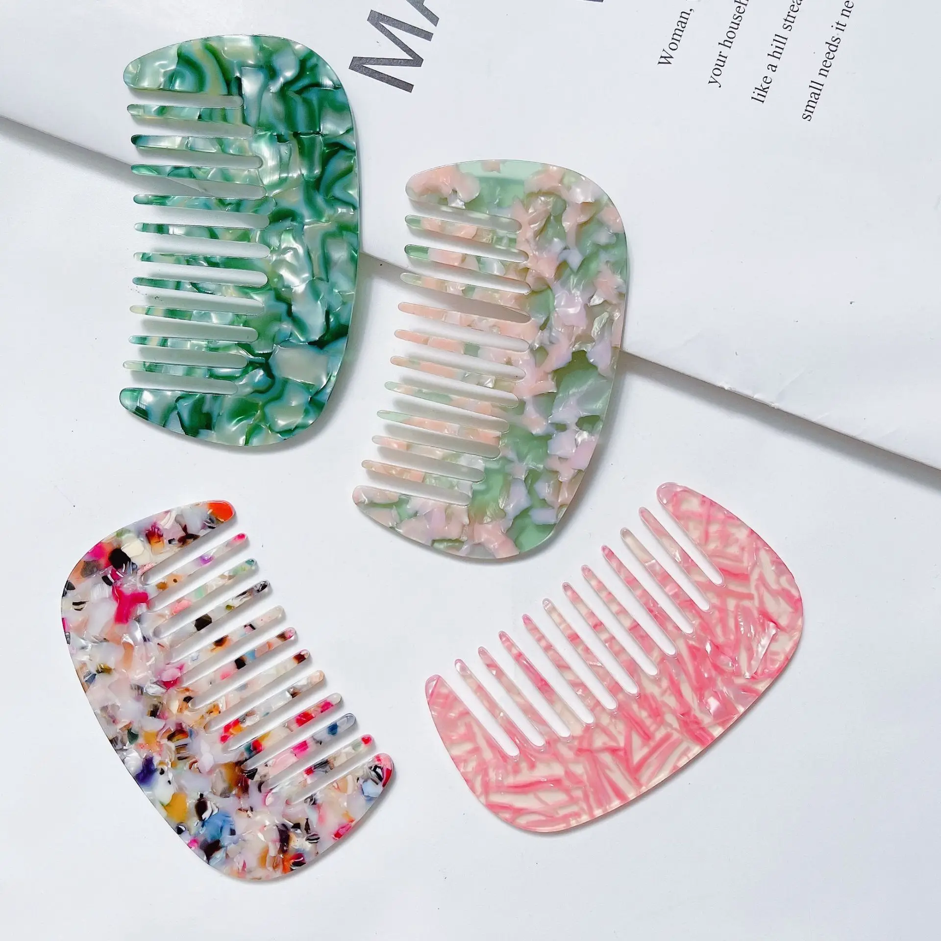 Custom Anti Static Detangle Acetic Acid Hair Comb Portable Marble Cushion Wide Tooth Hair Brush Cellulose Acetate Comb