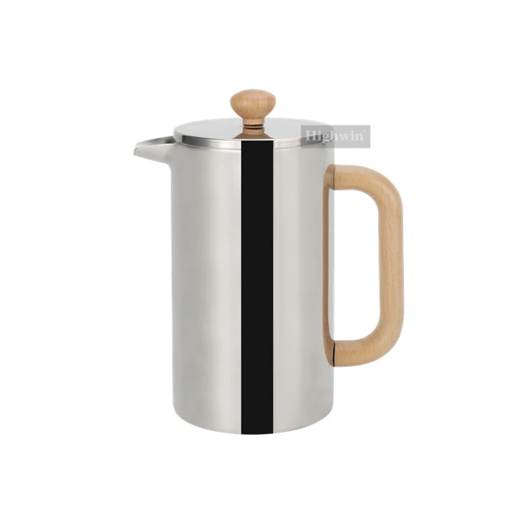 HIGHWIN French Coffee Press Stainless Steel Double Wall French Press with Solid Wood Handle