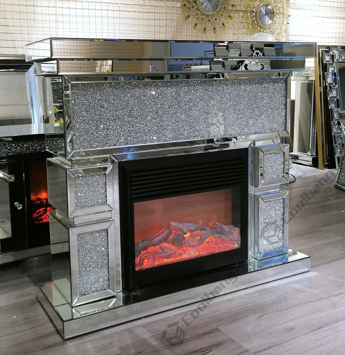 Современная зеркальная домашняя мебель, уличный декоративный электрический камин с измельченным алмазом, уличные камины