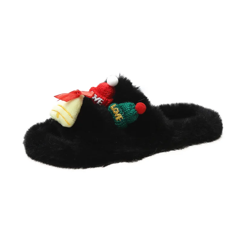 2022 new arrivals Double strap Cute reindeer bell navidad plus size fur ladies home slides Christmas slippers Women slipper
