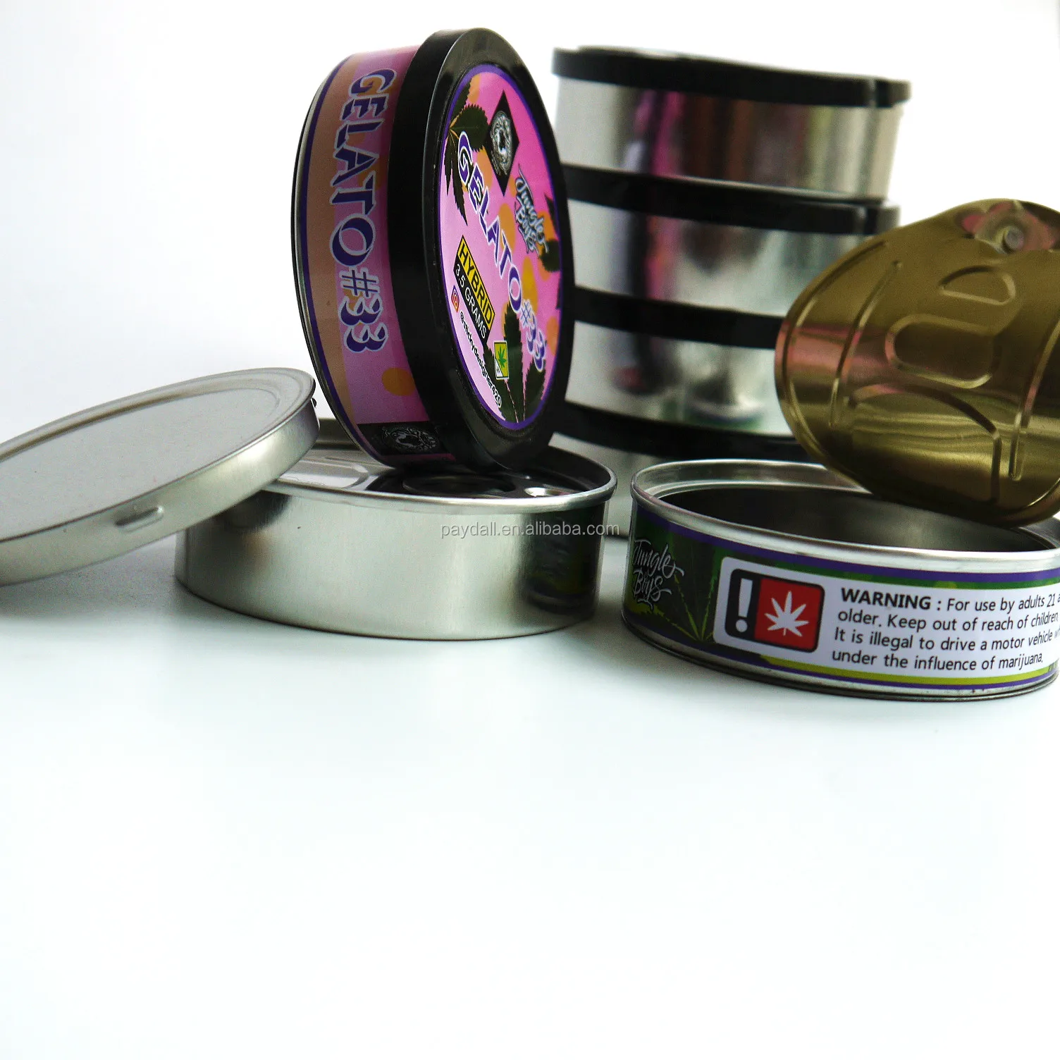 
wholesale 3.5g easy pull ring tin cans hot sale 3.5g pressitin can with easy peel off lids 