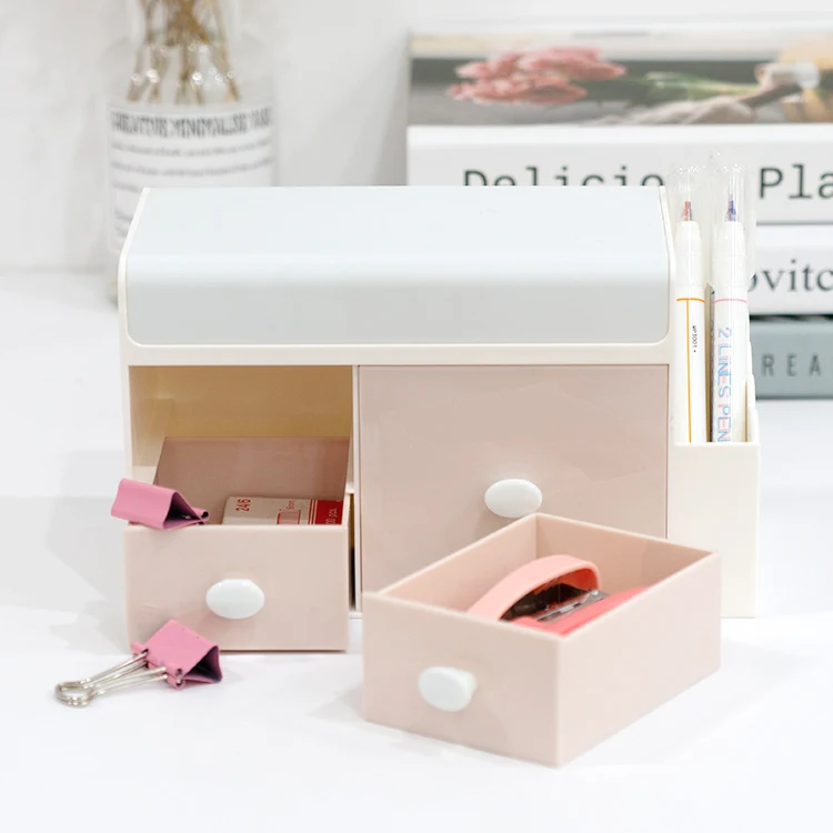 Shunxing wholesale cute stationary desktop storage box drawer with makeup brush holder pen holder plastic storage organizer