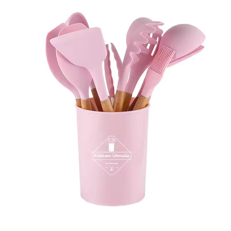 Factory whole 12 pcs kitchenware silicone cooking kitchen utensil set with wooden handle at stock