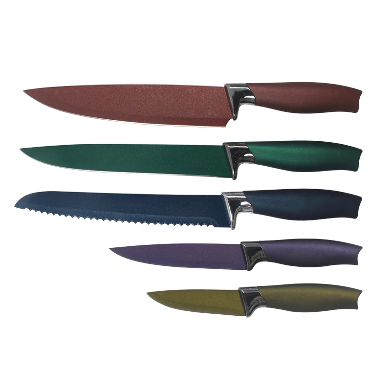 Super sharp metallic coating kitchen knives with soft touch handle stainless steel knives