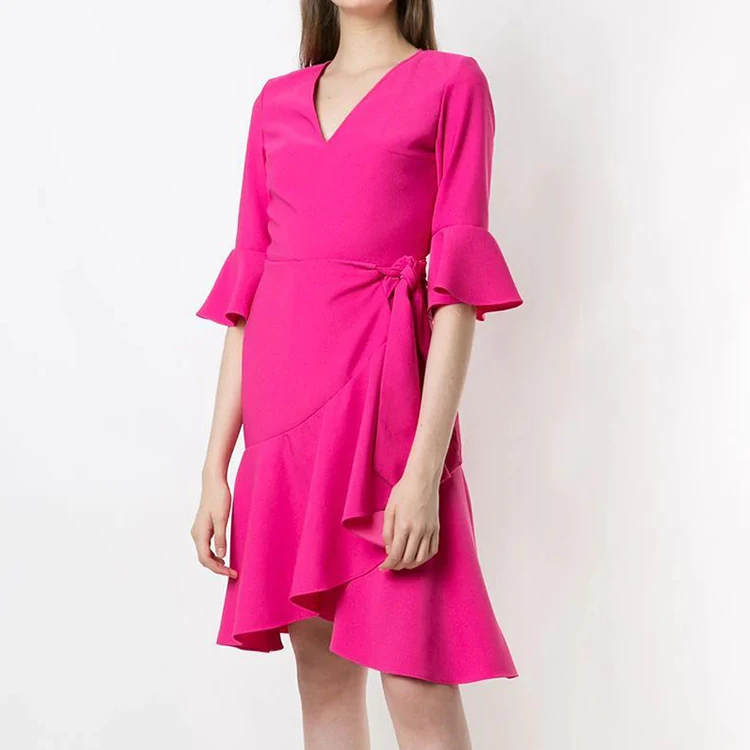 Summer 2022 Latest Design Style Wholesale Custom V-collar Belted Waist Flounces Chiffon Women Dress