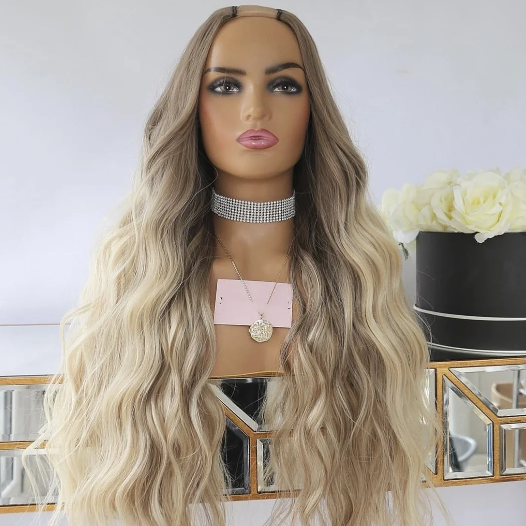 Full Hair Ombre Ash Brown Color Wave Upart Machine Wig Hair Extension Virgin Remy Human Hair Piece No Lace Clip In U Part Wigs