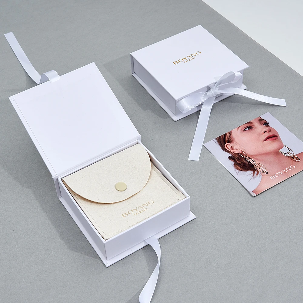 Boyang Custom White Paper Cardboard Biodegradable Jewelry Box Packaging with Ribbon