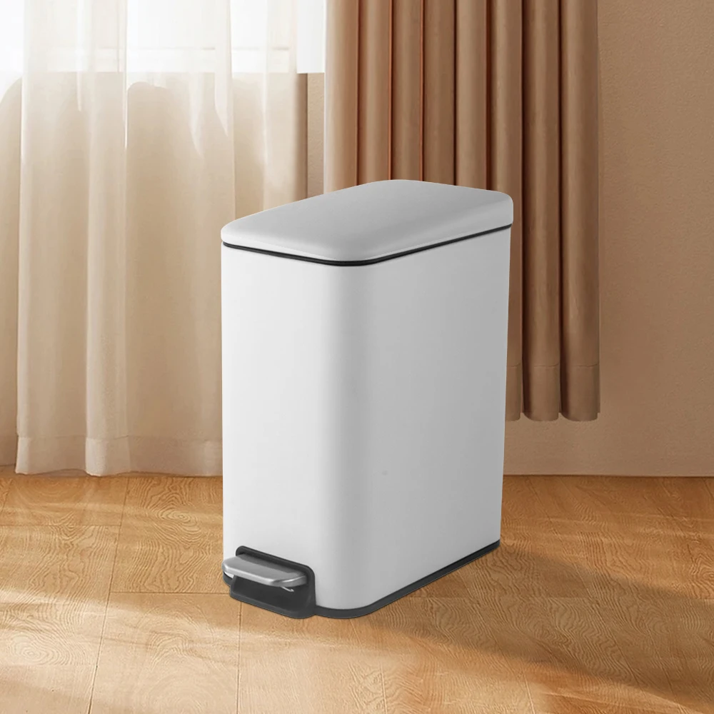 Retangular Small Garbage Can With Soft Close Lid Slim Cover Foot Pedal Bin for Bathroom Kitchen