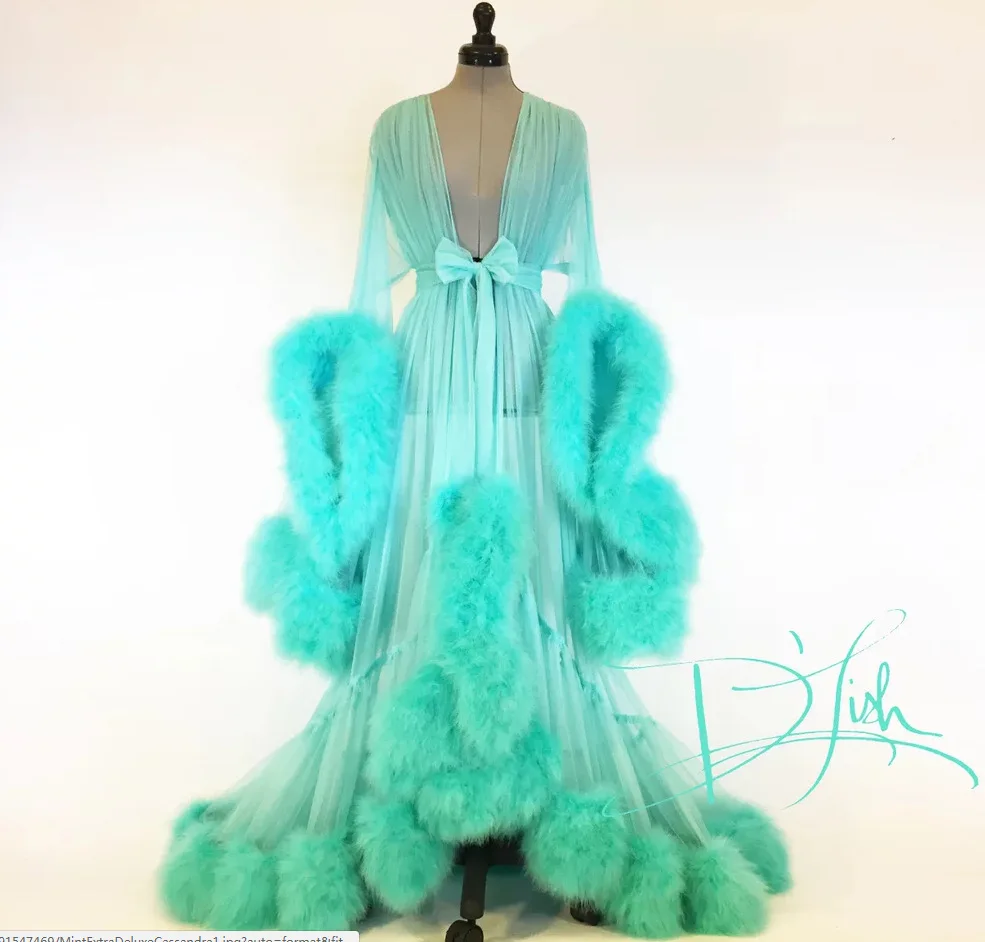 2021 Fashion Fur Robe Mesh Ladies Sexy transparent Fur Robes Long Nightgown Hot Sexy Lingerie Robe