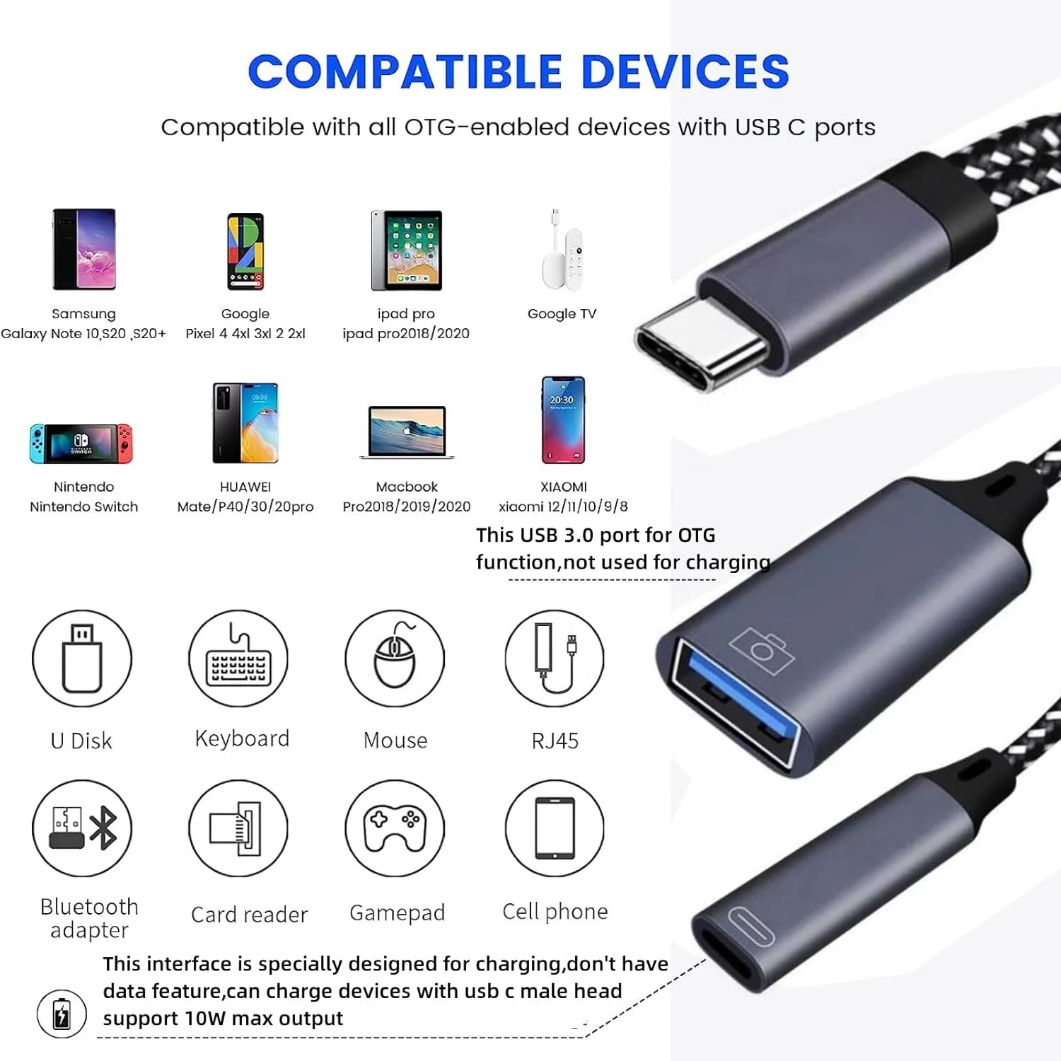 Kitbox USB C to Adapter OTG Cable with 10W Type C Charging Port and USB 3.0 Female 2 in 1 USB C Adapter for Mac,Macbook