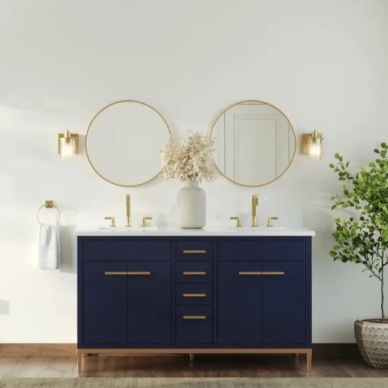 Modern Double Basin Golden Handle Blue Bathroom Vanity With Mirror 60inch Artificial Marble Top Vanities Luxury Bathroom