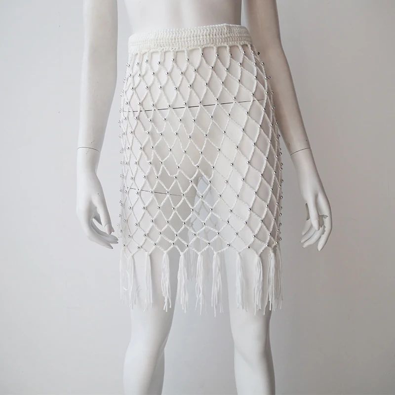 
Europe Custom Hot Sexy Diamond Weave With Bead And Tassel Details Cover Up Bikini Stretch Crochet Pencil Midi Skirts Women 