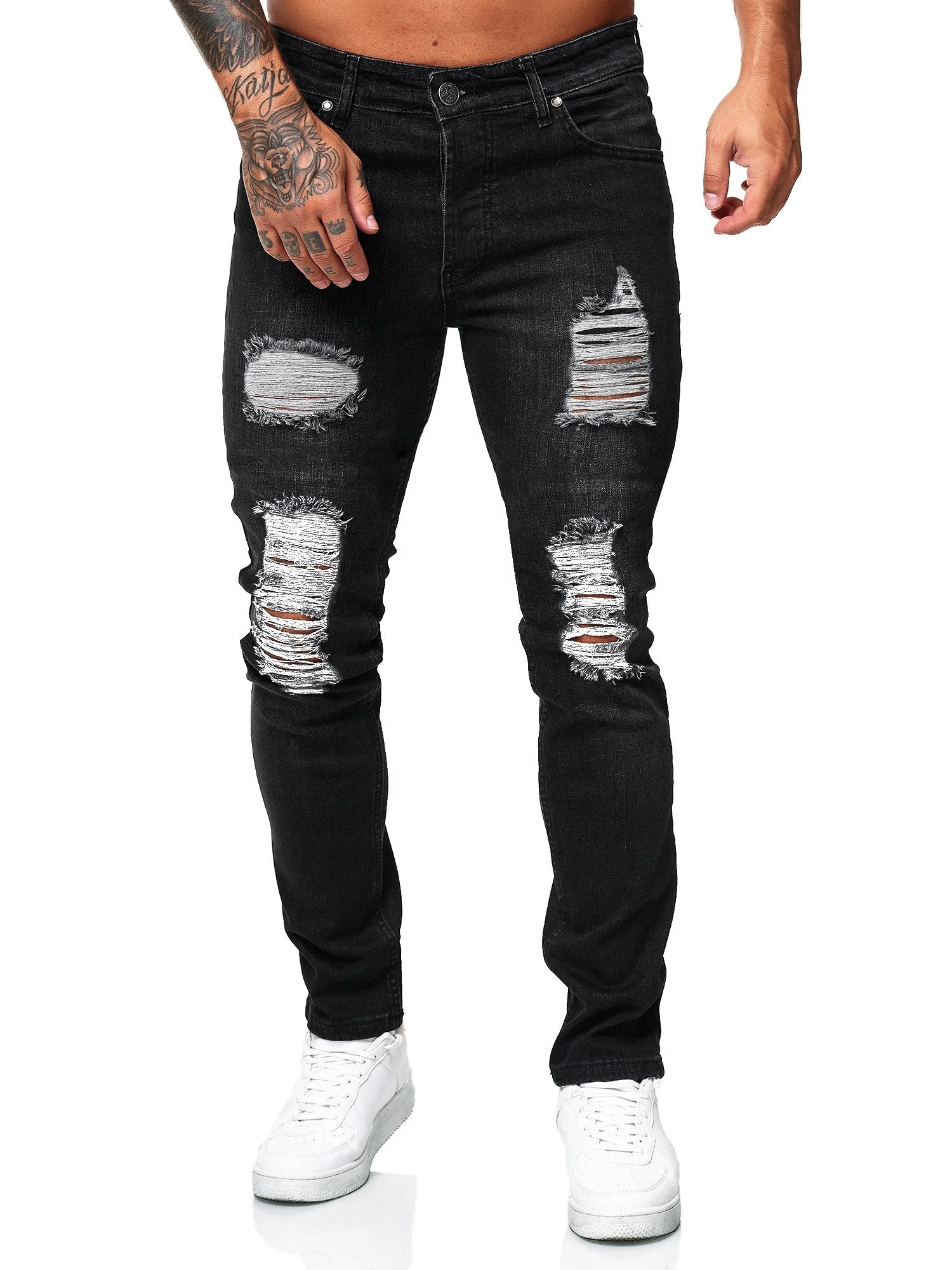 Wholesale custom mens cotton ripped pants distressed stylish designer skinny homme fit slim  man stretch denim jeans for men