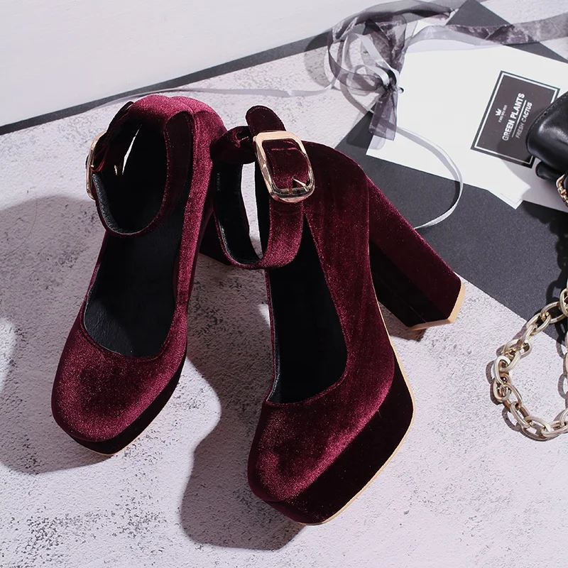 
Blue Navy Velvet Chunky Platforms Sole Mary Jane Block High Heels Shoes 