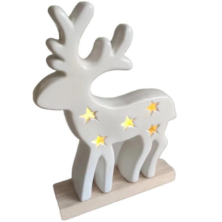 Custom Christmas decorative 3D led deer Xmas Table LED lighting ceramic white Reindeer  for decor