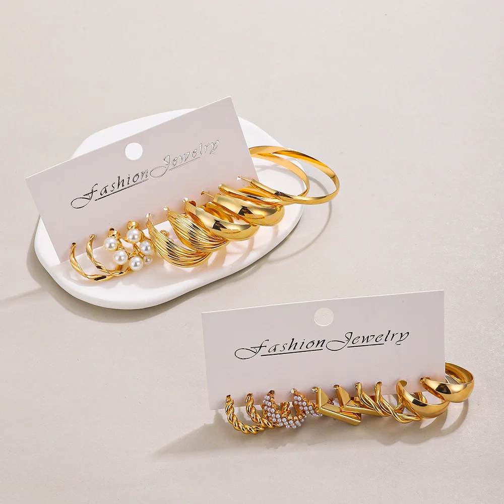 Woying Wholesale Hot Selling 6 Pairs Set High Quality Mixed Style Zircon Pearl Twist Heart Butterfly Drop Hoop Earring Jewelry