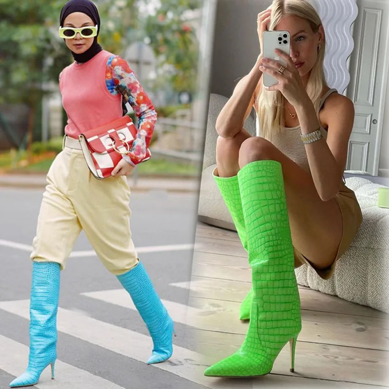 Custom Ladies Shoes Fashion Solid Color Lime Green 12cm Stiletto Women Thigh High Knee Boots