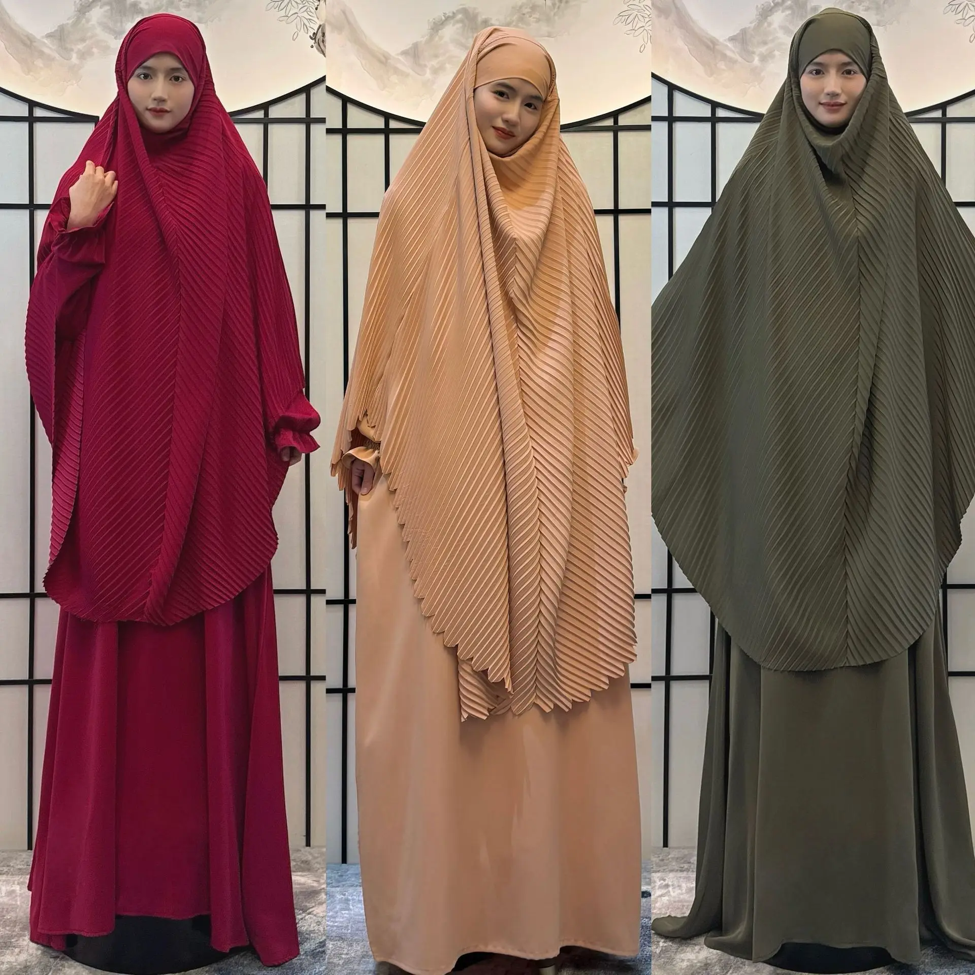 3613 Kuwii Factory In stock Arabic loose Abaya Niqab Face Cover Eid Prayer Dress Solid Color Muslim 3 Piece Jilbab Set for Women