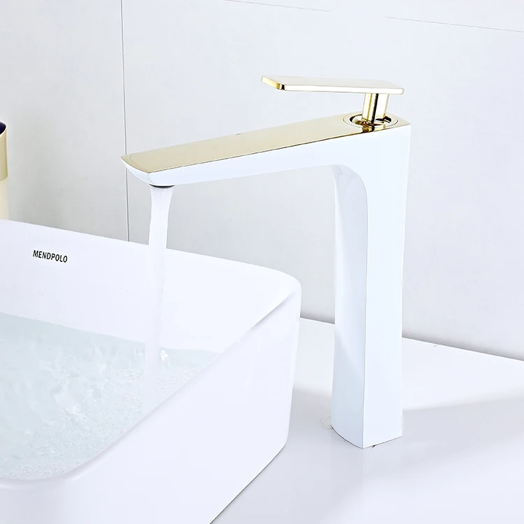 YUNDOOM OEM Wholesale Manufacturer Bano Banheiro Hot Cold Water Mixer Griferia Grifo Brass White Gold Tall Bathroom Basin Faucet