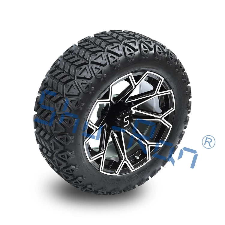 14' Golf Cart Machined/Glossy Black Wheels and 22x10-14 All Terrain Tires