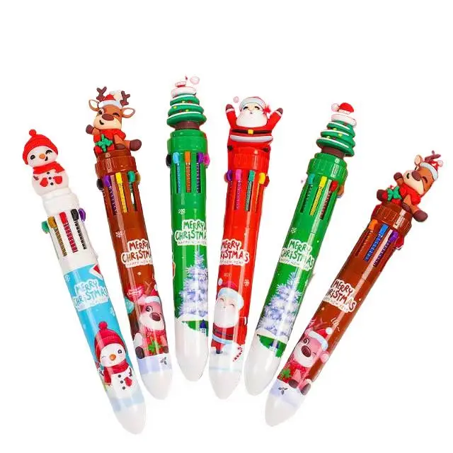 New Cartoon Christmas 10 Color Ballpoint Pen Retractable Multi Color 10 In 1 Rollerball Pen Student Stationery