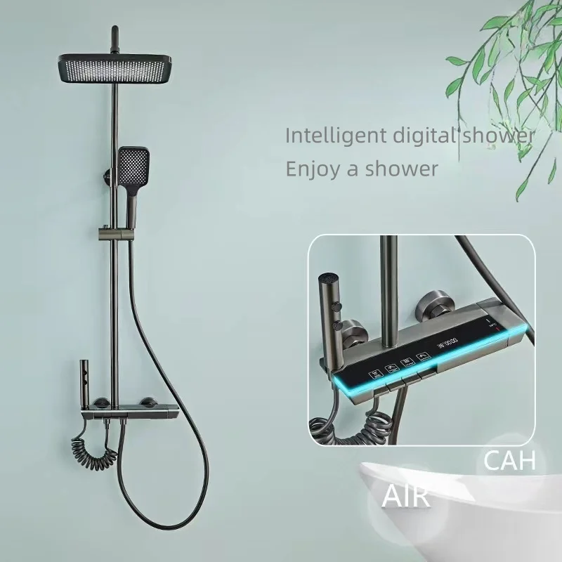 Bathroom Full Copper Shower Head Set with 5-Color Ambient Light Bath Booster Spray Thermostat Shower System