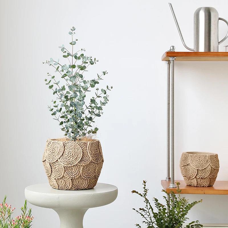 Retro Style Bamboo Weaving Garden Outdoor Decor Cement Bonsai Flowerpot Concrete Flower Pot with Drainage Hole