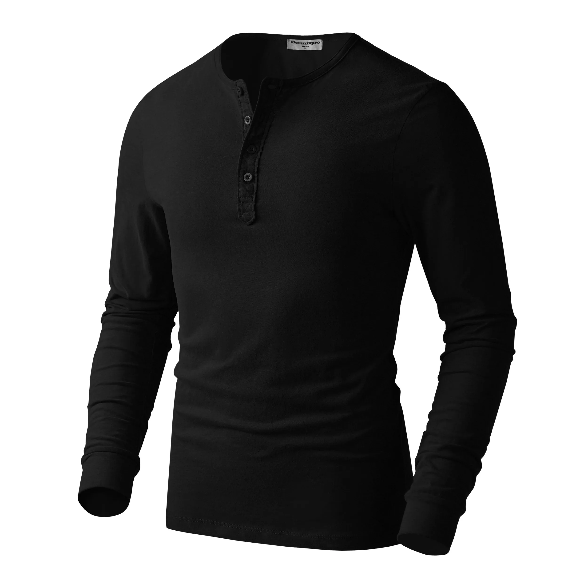 Customized logo label 100% cotton fabric V neck 4 button plackets mens long sleeve t shirts