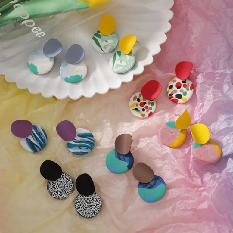 Bohemian Fashion Concave Alloy Handmade Round Polymer Clay Earrings For Women Jewelry