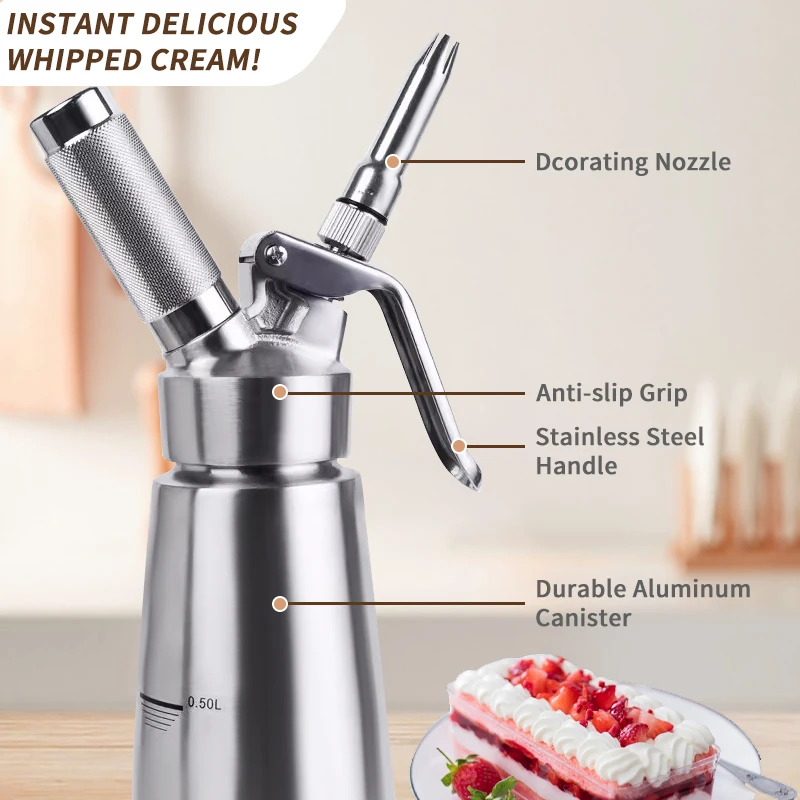 Easy to Clean Metal Cream Whipers BPA Free 1-Pint/500ml Whipped Cream Dispenser With English Instructions for Homemade Coffee