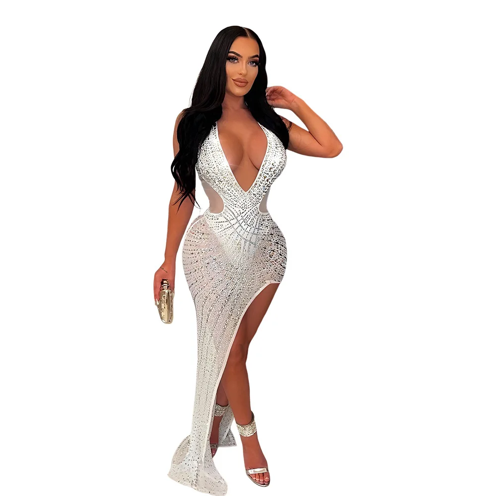 Womens Sexy Plunge V Neck High Side Split Halter Dinner Dress Mesh Cut Out Rhinestones Irregular Hem Long Evening Dresses