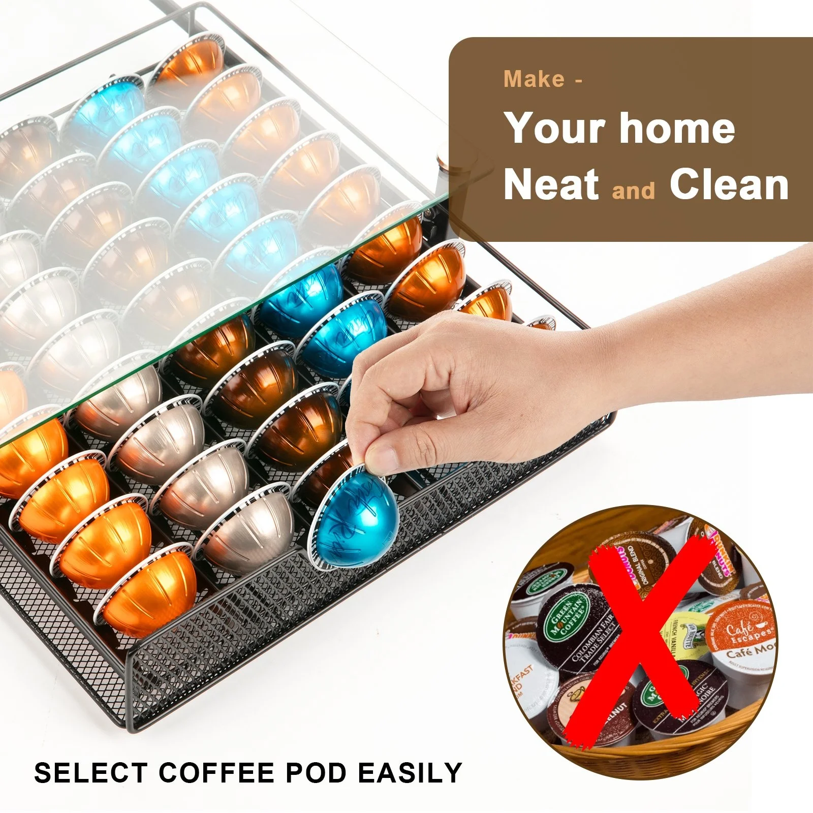 Factory New Design Tempered Glass Clear Coffee Pod Holder And K Cup Organizer Drawer For Storing Coffee Capsules