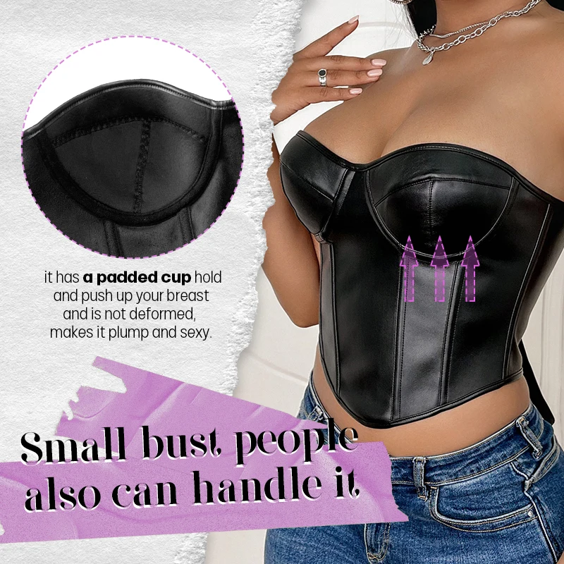 Ladies Black Waist Cincher Trimmer Body Shaper Belt Pu Leather Overbust Corset Tops Up Strapless Boned Body Shaper Bustier Top