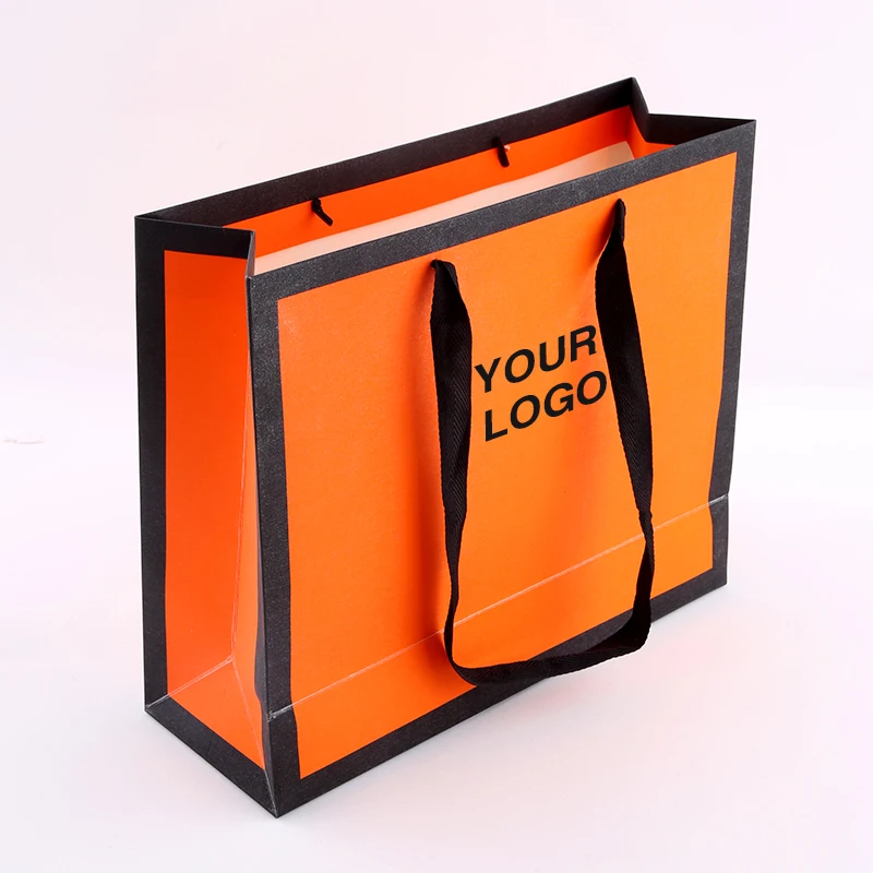 Thank You Custom White Orange Shopping Paper Logo Hair Gift Bag With Handle