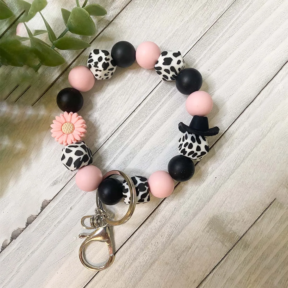 Girls Accessories Cow Print Silicone beads Bracelet Western Style Cowboy Hat Wristlet Keychain for Women