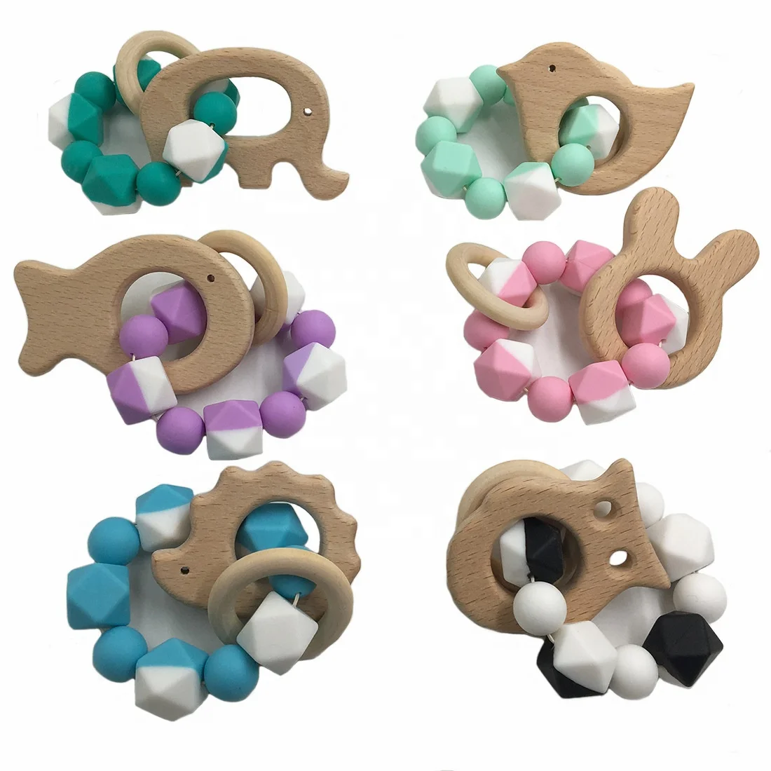 2020 latest DIY animal ring wooden and silicone bead bracelet infant baby teething teether toy