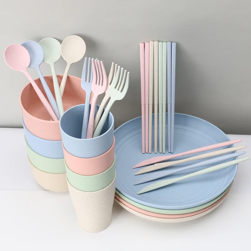 Wholesale Eco-friendly Unbreakable 28 PCS Wheat Straw Dinnerware Set Reusable  Flatware Plastic Tableware Set