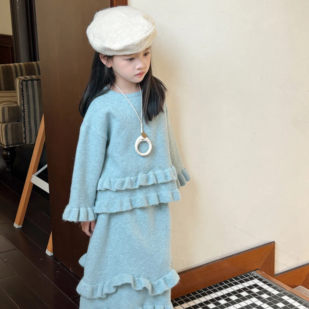 2024 Fall Baby Girls Clothes Two-Piece Suit Soft Solid Knitted Sweater+Skirt Clothing Sets for Girls